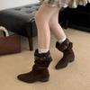 Thick Heel Pointed Head High Pleated Tube Stacking Boots Women's New Autumn and Winter Western Cowboy Medium Tube Knight Boots