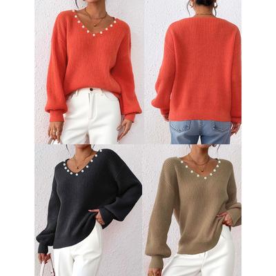 Damen Herbst Winter Neuer Lockerer Lässiger Stil Pullover mit Perlen V-Ausschnitt