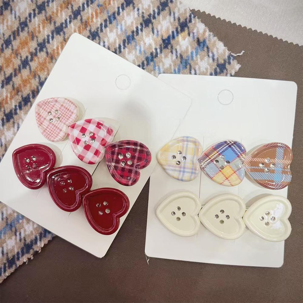 Sweet Plaid Heart Button Duckbill Clip Cute Side Bangs Hair Clip Girls Fashion Hair Accessories