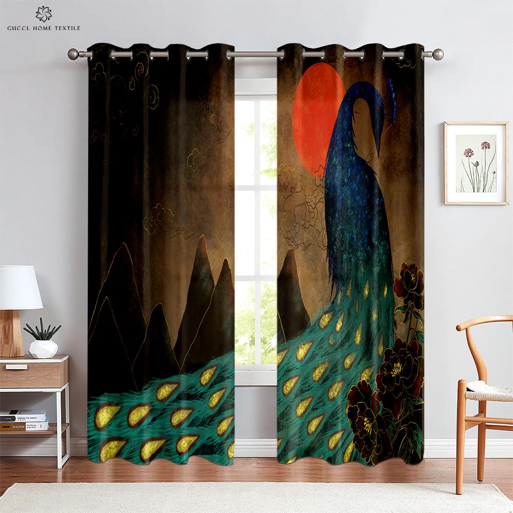 Vintage Peacock 3D-utskrift vindusgardiner, stanglomme, soverom, stue, kjøkkeninnredning, kan tilpasses, 2 stk.