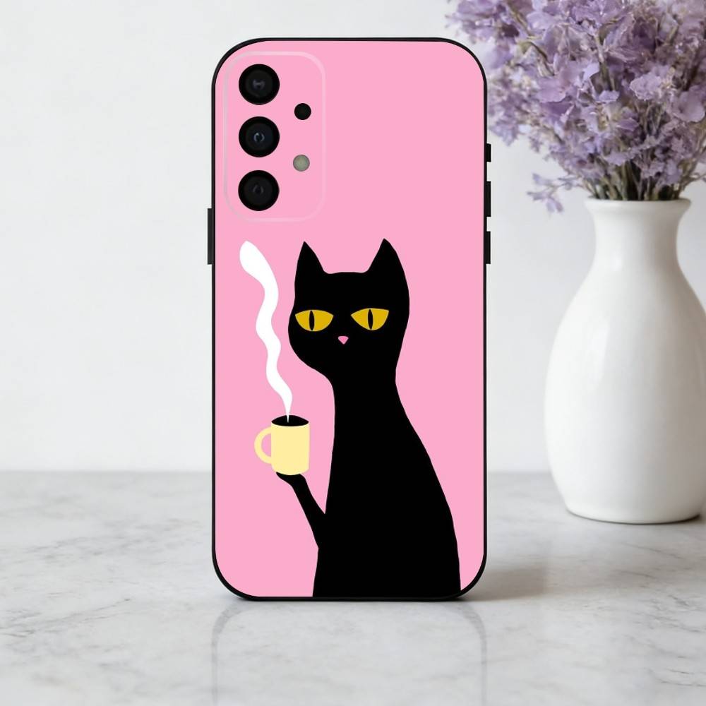 S-Striped C-Coffee Cat phone Case For Samsung Galaxy A73,A72,A71,A70,A53,A52,A51,Others Soft Black Shell