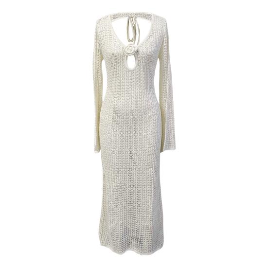 Dámské plážové šaty s dlouhým rukávem, pletené, s volným zadkem a šněrovacími popruhy, výstřihem do V, volné, s dlouhým rukávem, ochrana proti slunci, dámské bikiny, plavky, plážové oblečení