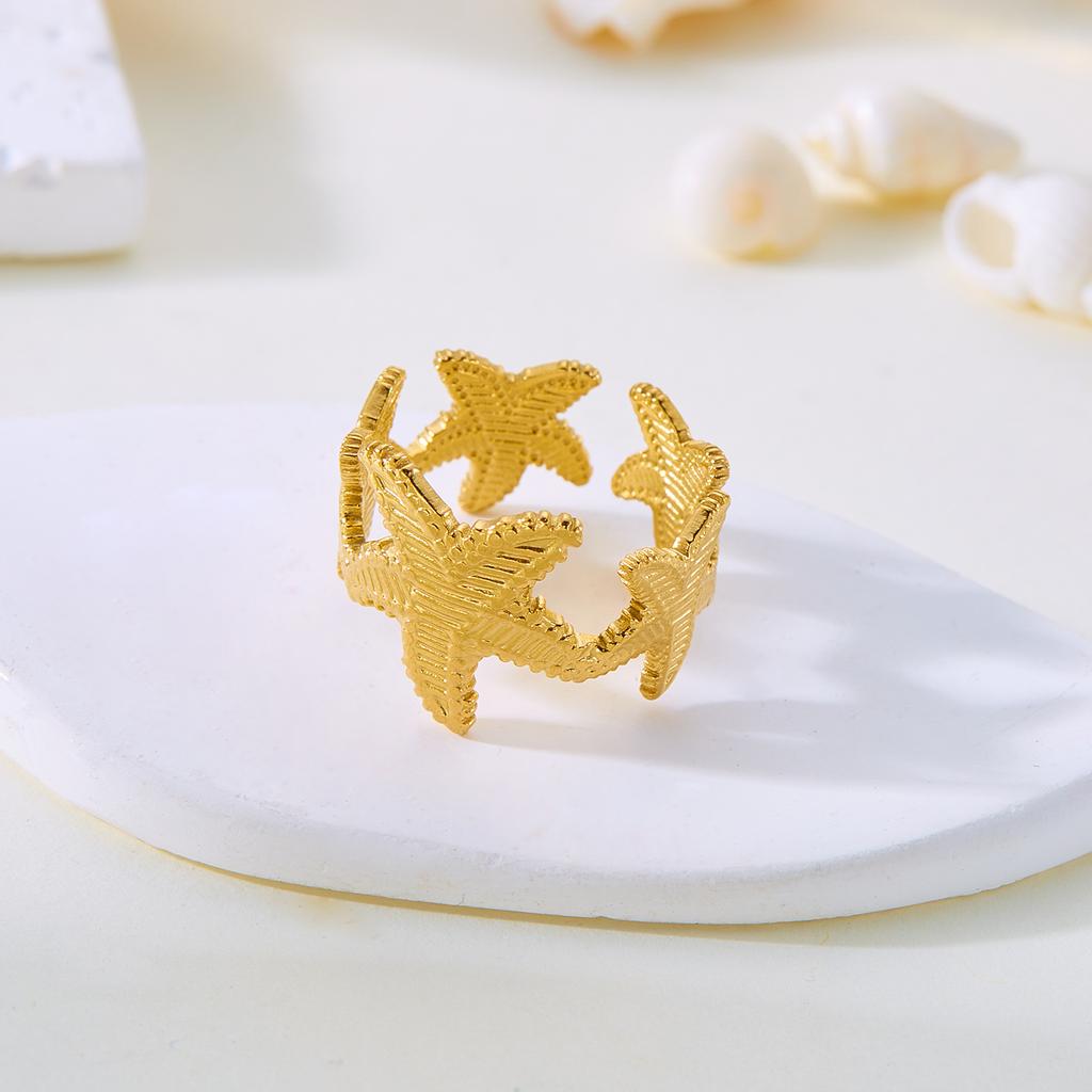 Stainless Steel Shell Rings For Women Vintage Gold Color Starfish Conch Adjustable Finger Ring Summer Ocean Beach Party Jewelry