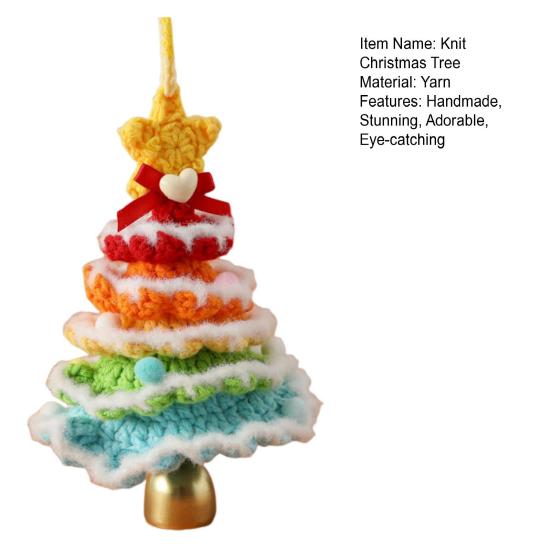 Handmade Mini Knitted Christmas Tree Ornament Multi-Layered Crochet Snow Flocked Tree with Gold Bells