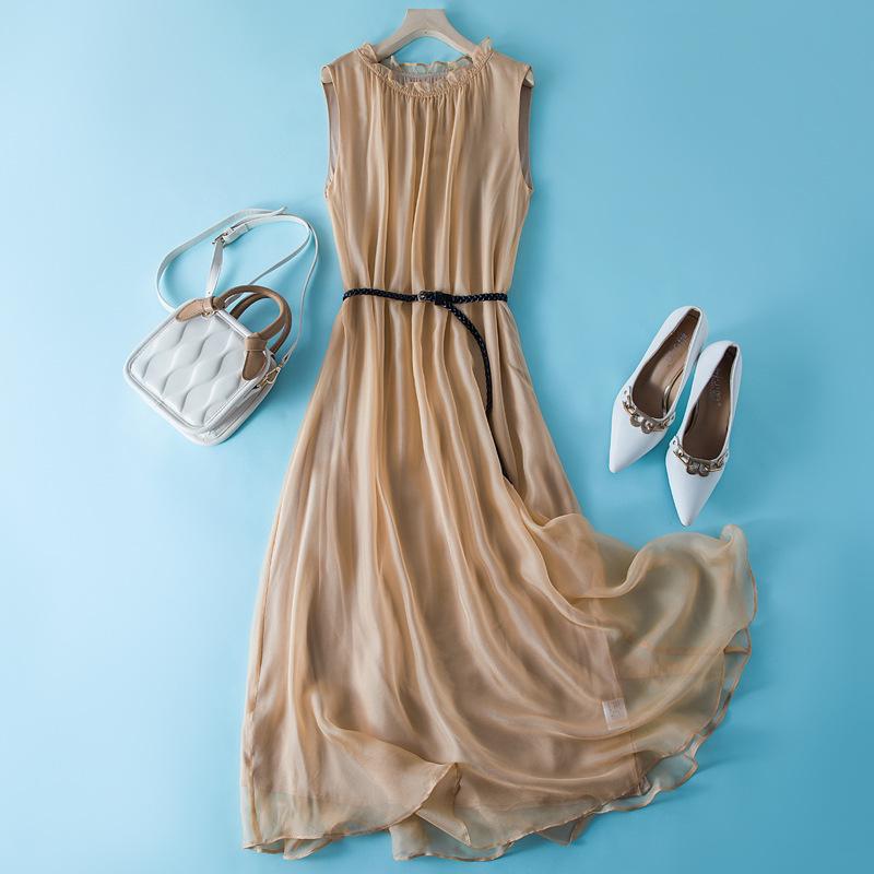 Elegant Sleeveless Silk Midi Dress with Belted Waist and Loose Hem for Summer 2022 Women's Fashion.