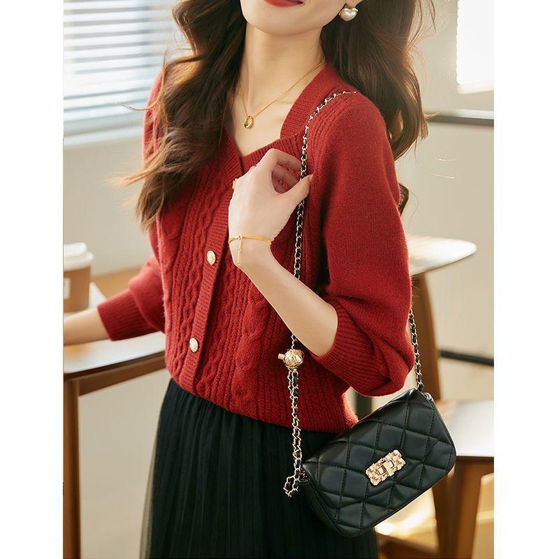 Chinese Style Winter New Vintage Red Sweater Square Collar Soft Sticky Loose Knit Warm Single-breasted Long Sleeve Pullover Tops