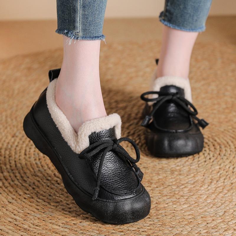The First Layer of Cowhide Winter New Velvet Warm Fur Leather Shoes Platform Cotton Shoes Women's Shoes Wide Fat Feet Mother Shoes