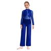 Girls Gymnastics Performance Costume Sheer Mesh Patchwork Wide Leg Metallic Long Sleeve Jumpsuit