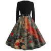 Women Casual Long Sleeve V Neck Vintage Dress Halloween Print Retro Style A Line Midi Dress with Waist Tie Belt