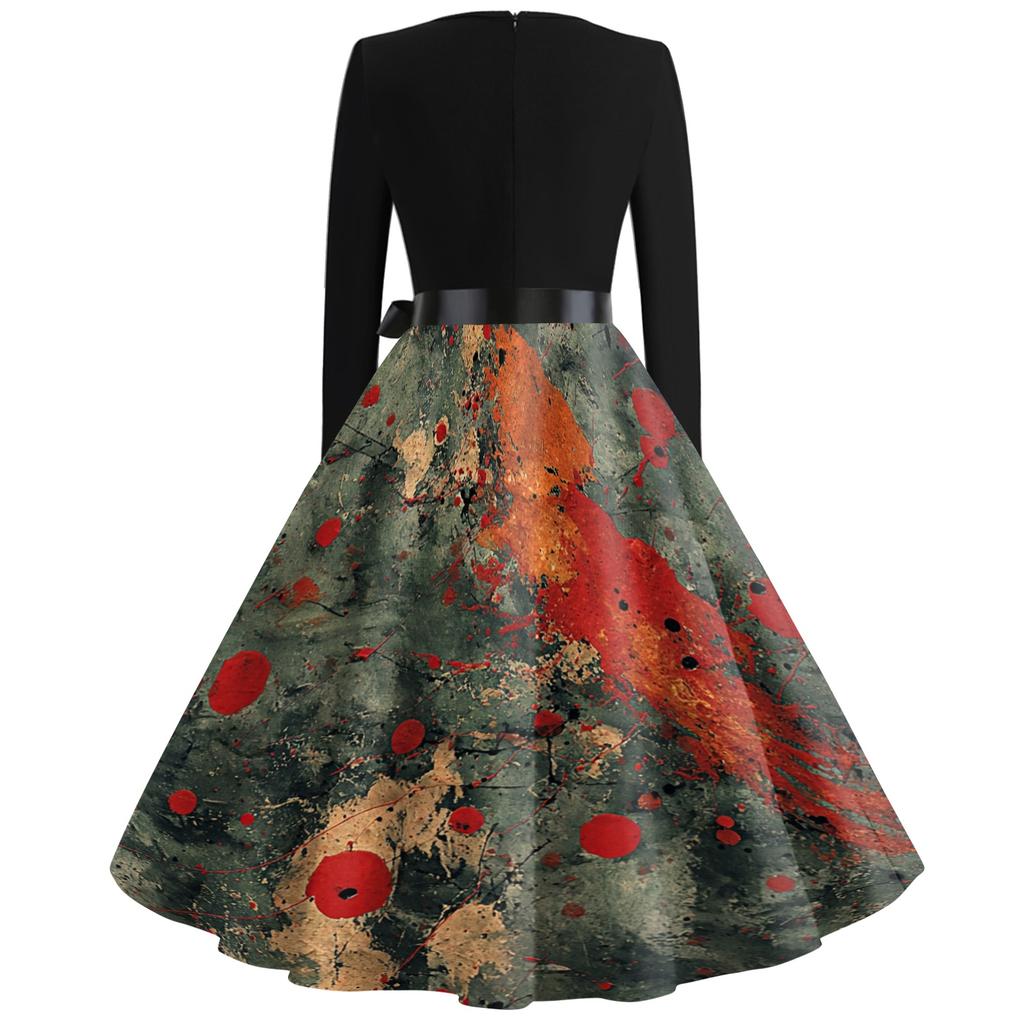 Women Casual Long Sleeve V Neck Vintage Dress Halloween Print Retro Style A Line Midi Dress with Waist Tie Belt