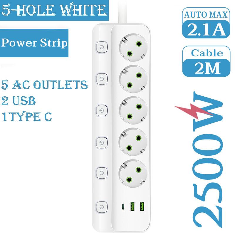 EU Plug Electrical Socket 3/5 AC Outlets+2 USB+1Type C 8-in-1 Adapter Multitap Fast Charging Power Strip With 2M Extension Cord