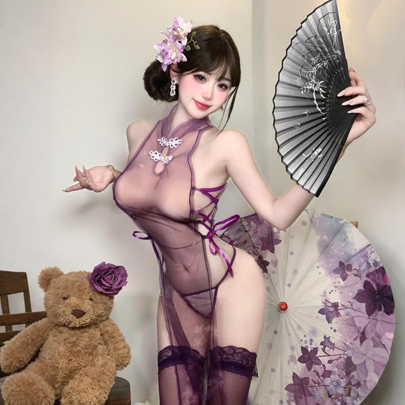 Women See Through Cheongsam Dress Sexy Halter Lingerie Set Dress Lace High Split Mesh Nightgown Chinese Couple Games Sex Uniform