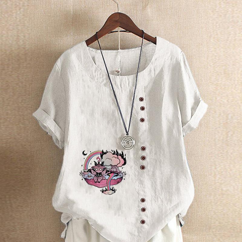 Женская мода Розовый мультяшный узор с принтом с круглым вырезом и коротким рукавом — фото 3