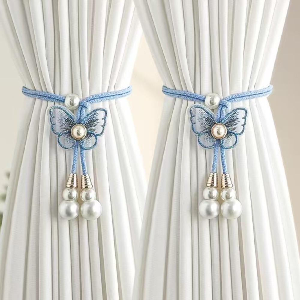2PCS Artificial Pearl Butterfly Curtain Tiebacks Curtain Holder Curtains Tie Rope  Study синий