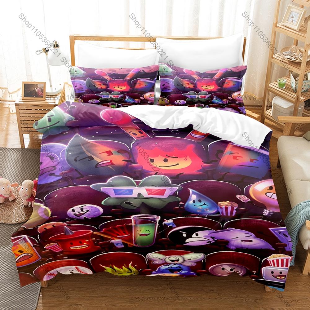 Ensemble de literie 3D BFDI Inanimate Insanity 3 pièces Ensemble de housse de couette dessin animé Décor de chambre pour les amateurs de jeux et d'animation 100x130CM
