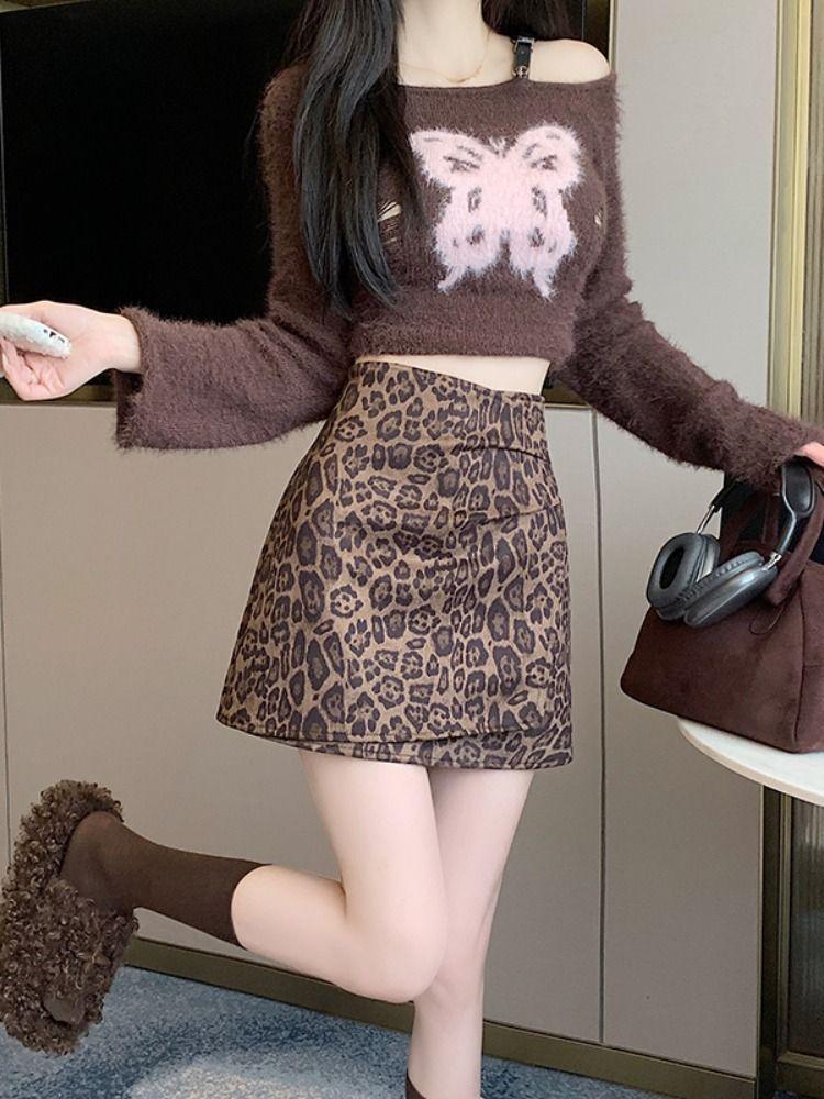 Retro Leopardenmuster Rock für Damen Hohe Taille Y2K Kurzer Rock