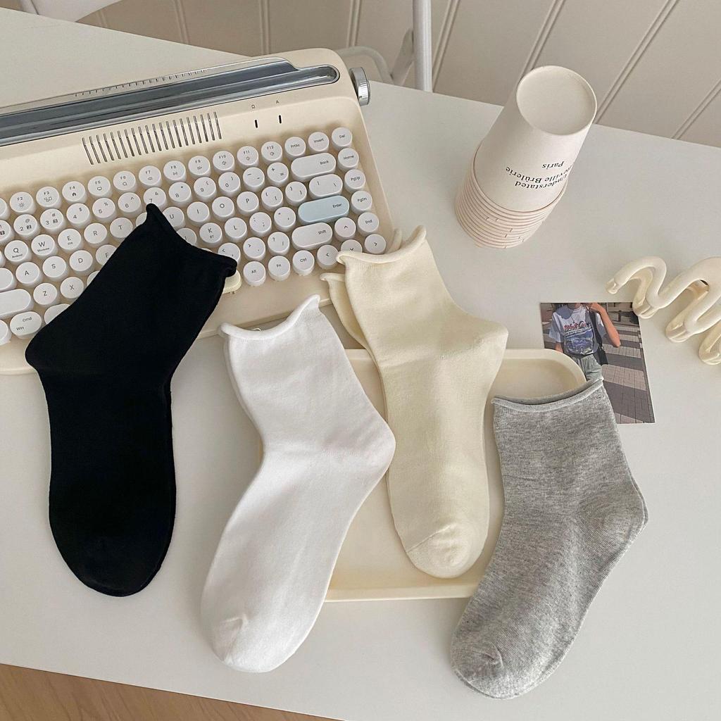 Women's Mid-Calf White Cotton Socks - Spring/Summer Korean & Japanese Style, Rolled Edge, Solid Color, Short Black Option Available