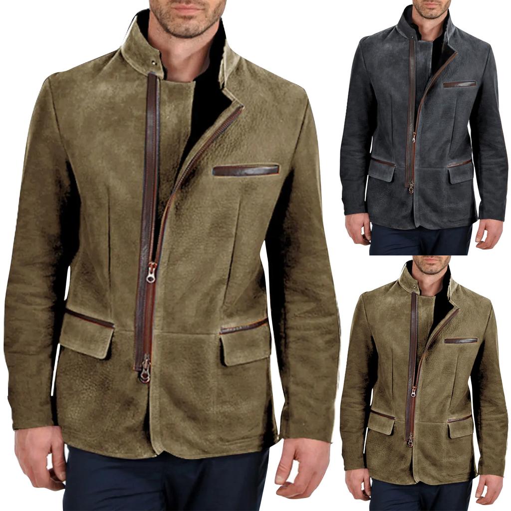 Men's Solid Color Zipper Button Pocket Work Jacket Men's Casual Long Coat