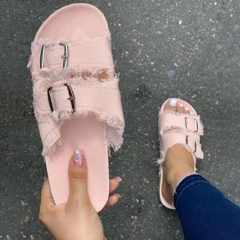 Summer new flat-bottomed slippers women's summer new large-size belt buckle one-word canvas cool slippers