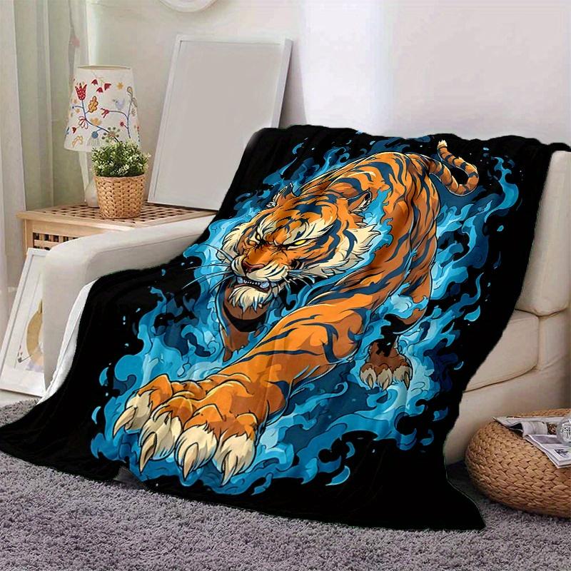 1pc Blue Flame Tiger Blanket Soft and Warm Home Decor Gift for All Seasons Perfect for Couch, Living Room, Travel, Camping, Car Blankets