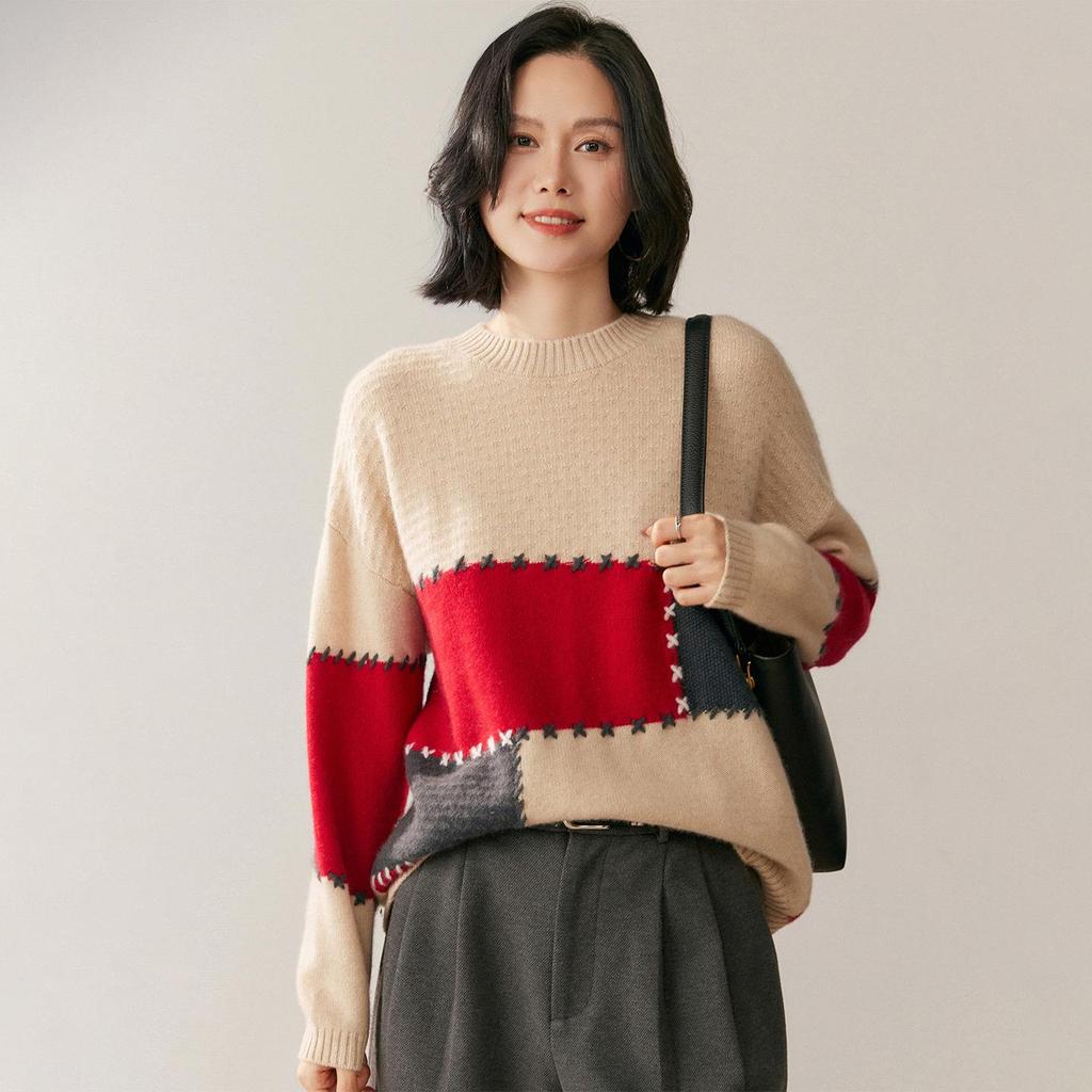 Women's Cashmere Color Block Knit Sweater, Autumn & Winter Half-High Neck, Warm & Gentle Style