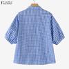 ZANZEA Women Casual Turn Down Collar Grid Print Loose Half Sleeve Blouse