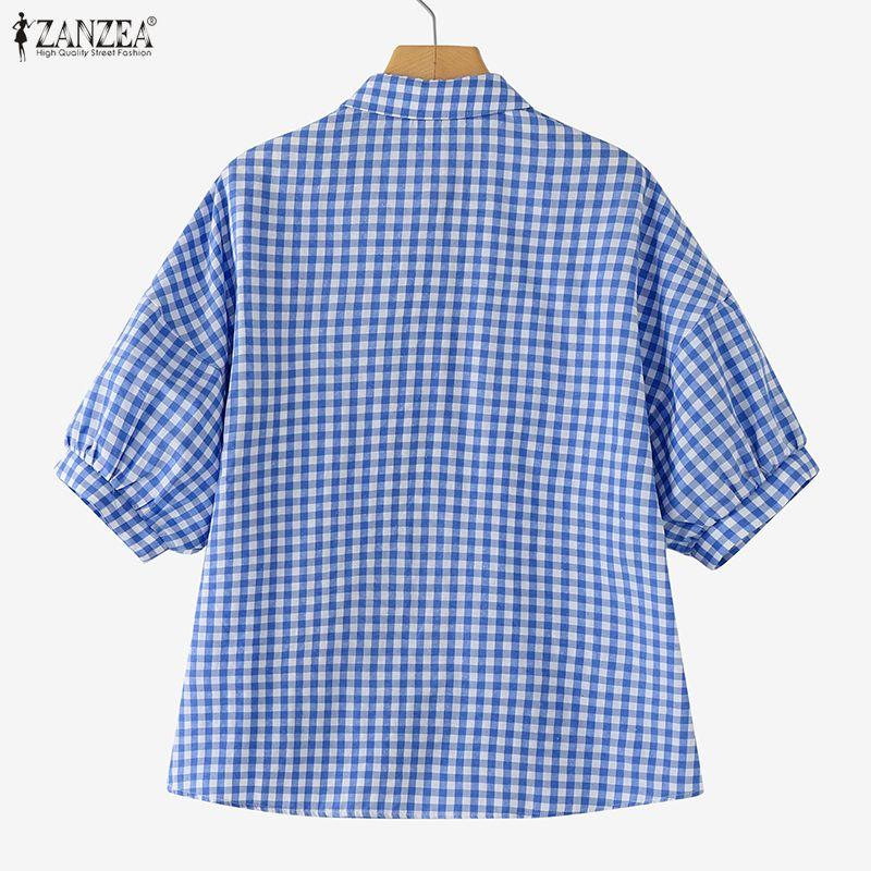ZANZEA Women Casual Turn Down Collar Grid Print Loose Half Sleeve Blouse