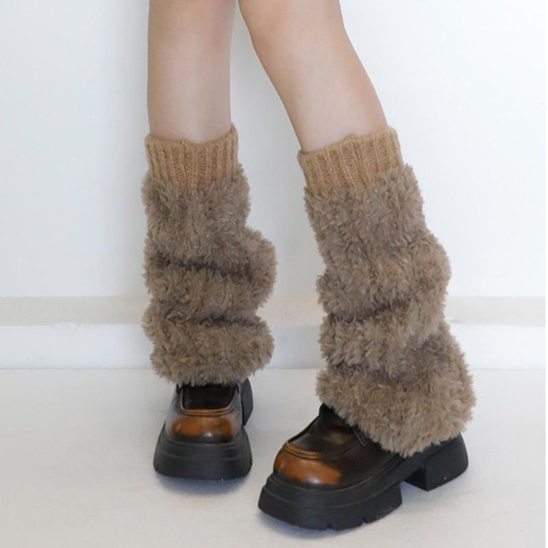 Ribbed Knit Cuffs Furry Leg Warmers for Women Students Winter Furry Plush Boot Covers Stretchy Calf Socks Streetwear