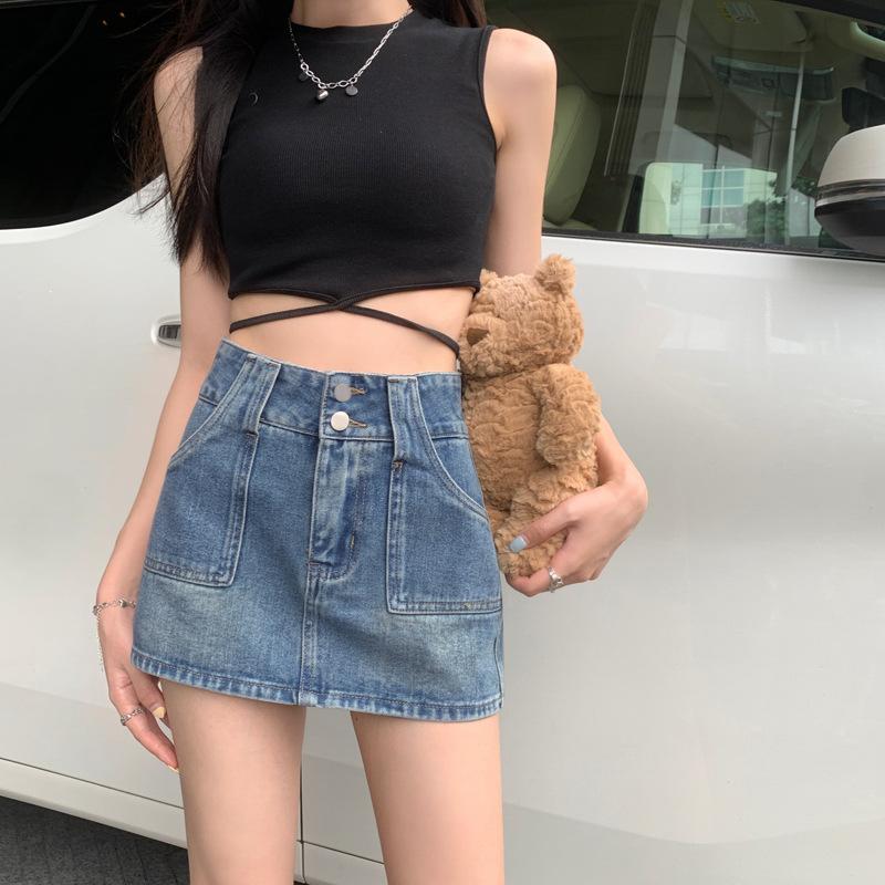 

Джинсовая юбка, закрывающая бедра, весна и лето, корейская новинка, простая джинсовая юбка на двойной пуговице XL