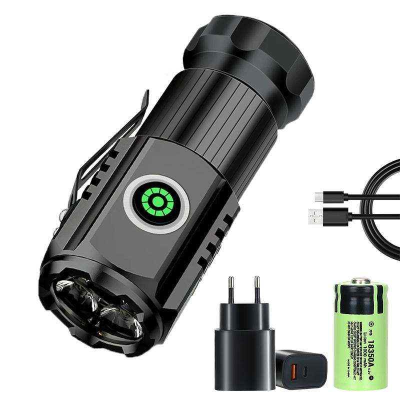 High Strong Power LED Flashlight  Mini Portable TYPE-C Rechargeable Lantern Solar Charging with Hat Clip Outdoor Camping Torch