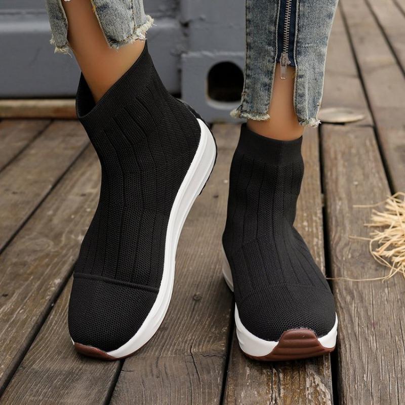 Socks boots women's autumn and winter new fly-woven high-top elastic medium boots muffin thick-soled one-pedal short boots