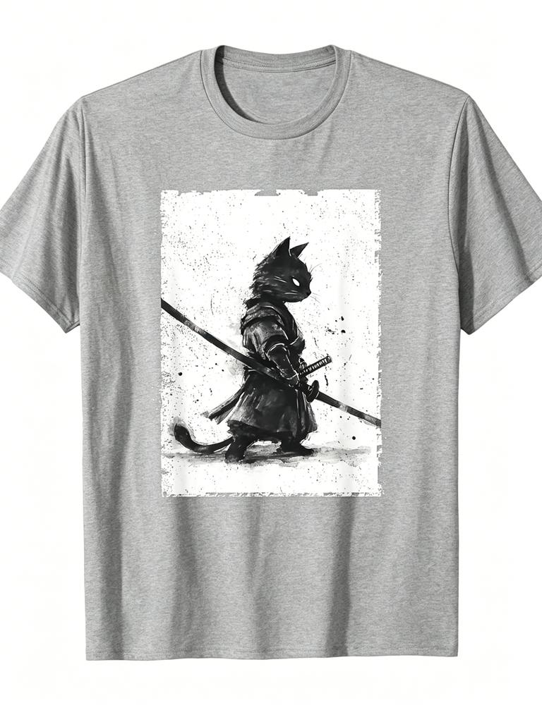 Interesting Unisexs Retro UkiyoE Style Samurai Cat Theme Cotton TShirt Japanese Cat Samurai Art Print ShortSleeved Shirt