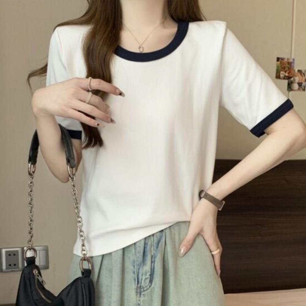 Navava Women Simple Daily Color Block Round Neck ShorT Sleeve T shirT nT3297