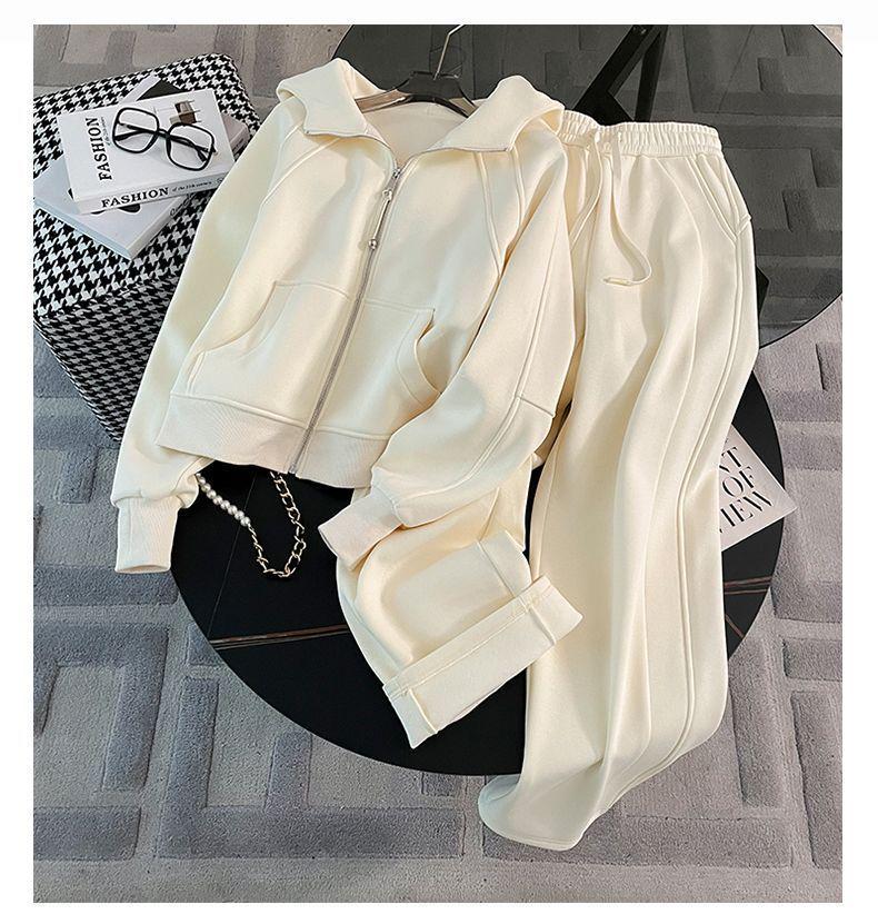 Autumn/Winter Fashion Velvet Hooded Sweatshirt & High-Waisted Wide-Leg Pants Set