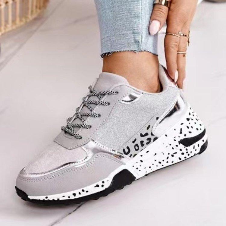 

Shoes Large size single shoes women s autumn new platform leopard print lace-up casual sports shoes 43 серебряный