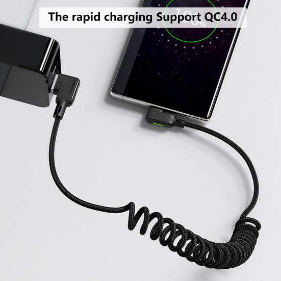 כבל טעינה קפיצי מרפק כפול טעינה מהירה QC4.0 3A סוג-C נמתח כבל נתונים לרכב