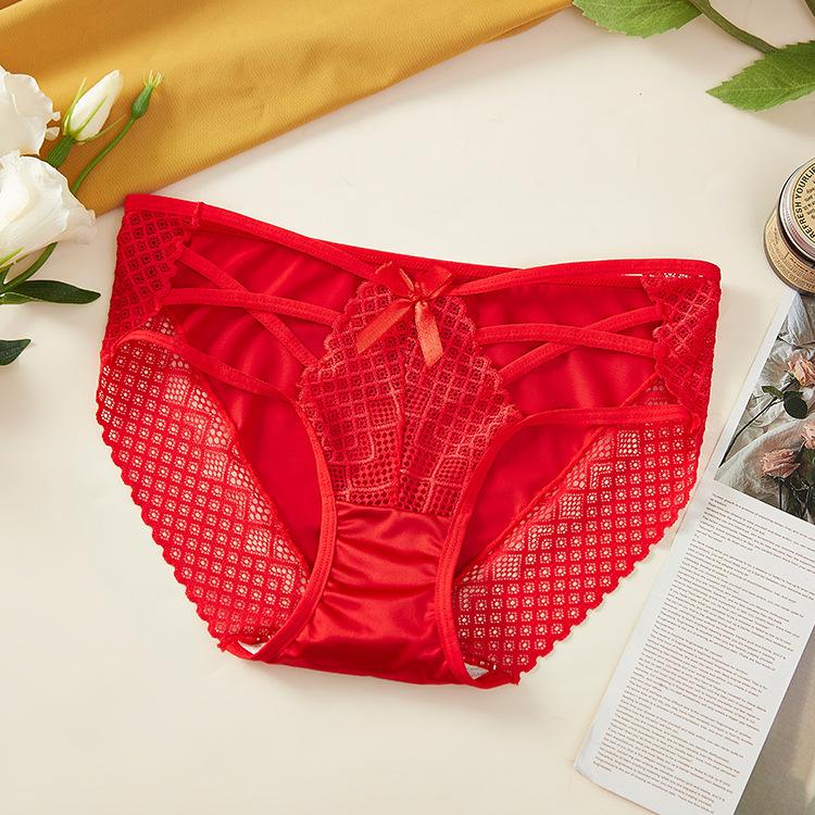

Plus Size Women Sexy Attractive Lace Hollow Lace Lace Up Cotton Crotch Seamless Low Waist Triangle Briefs L яскраво-червоного кольору