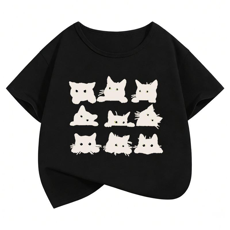 Cute Black Cat Graphic Kids Tshirts Summer Short Sleeve Tees Cartoon Animal Boys Girls Clothes Kawaii Tops Y2K Children Tshirt