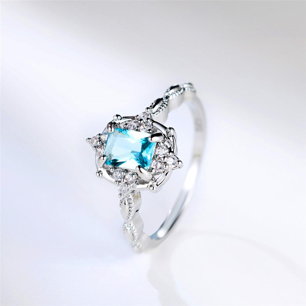 Luxury Female Crystal Light Blue Zircon Stone Square Engagement Ring Vintage Silver Color Wedding Jewelry For Women