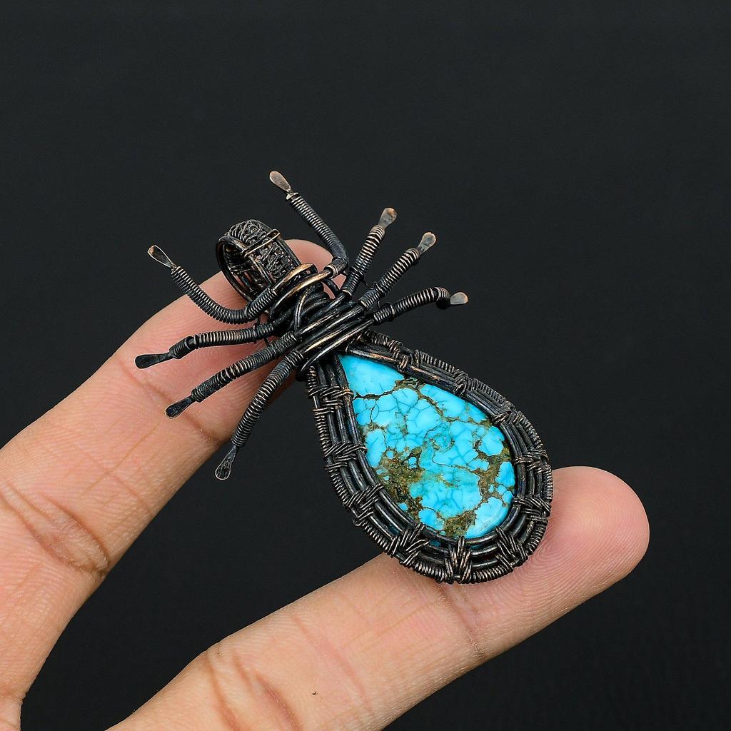 Tibetan Turquoise Pendant, 999 Copper Wire Wrapped Gemstone Spider Shaped Jewelry, Handmade Pendant, For Thanksgiving