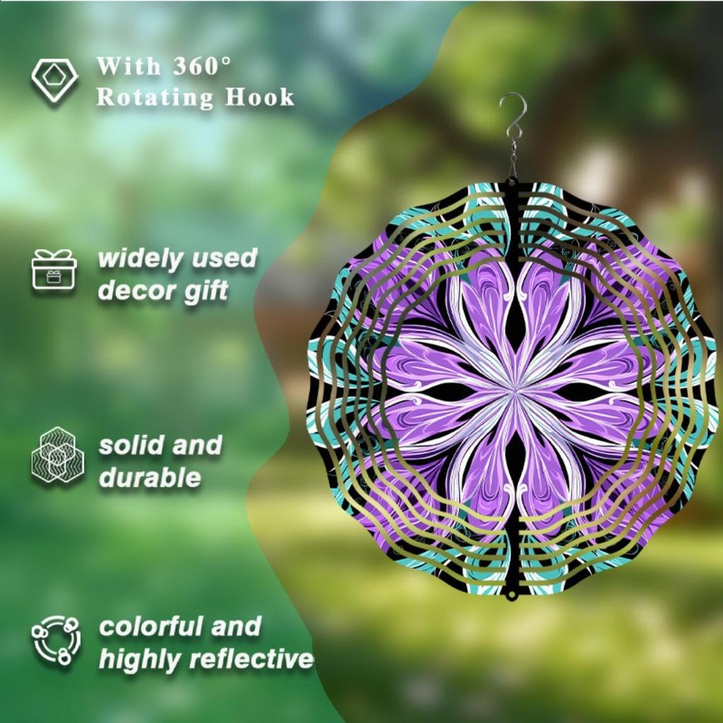 10 Inch Bohemian Wind Chime Vibrant Purple Black Floral Design Metal Garden Decor 360 Degree Hanging Hook Perfect Gift for Spring Summer