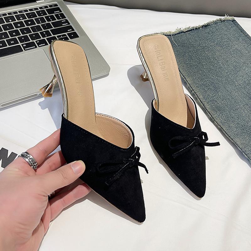 Fashion Pointed Toe Women Mules Slippers Shoes Fashion Butterfly-knot Slip On Slides Design Style Low Heels Banquet Party Sandals Shoes