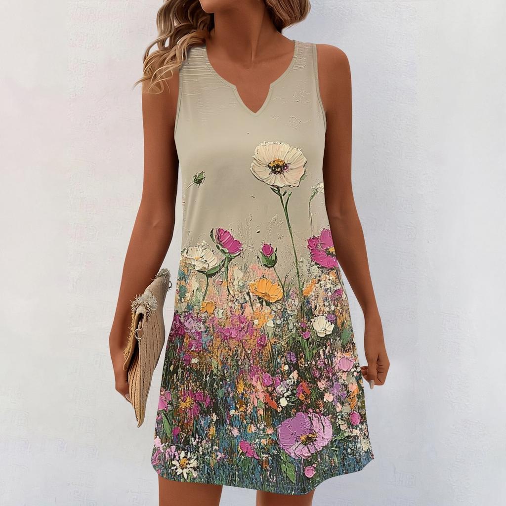 Women Summer Dresses V-Neck Print Sleeveless Sundress Casual Dress