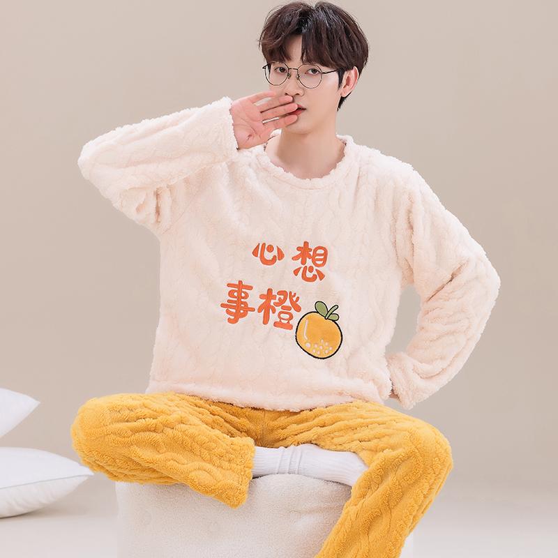 Men Winter Warm Flannel Pajama Set Long Sleeve Thick for Men Coral Velvet Cute Cartoon Sleepwear Suit Pyjamas Homewear Clothes