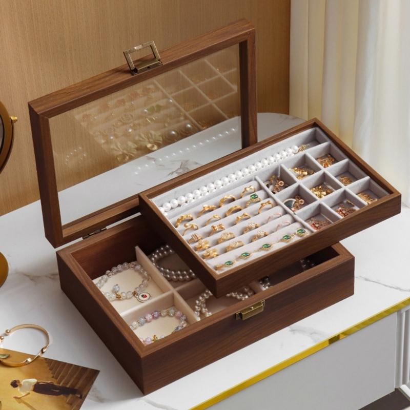 Walnut Wood Jewelry Organizer Box Moisture Proof Jewellery Holder Accessory Storage Container with Multiple Compartments