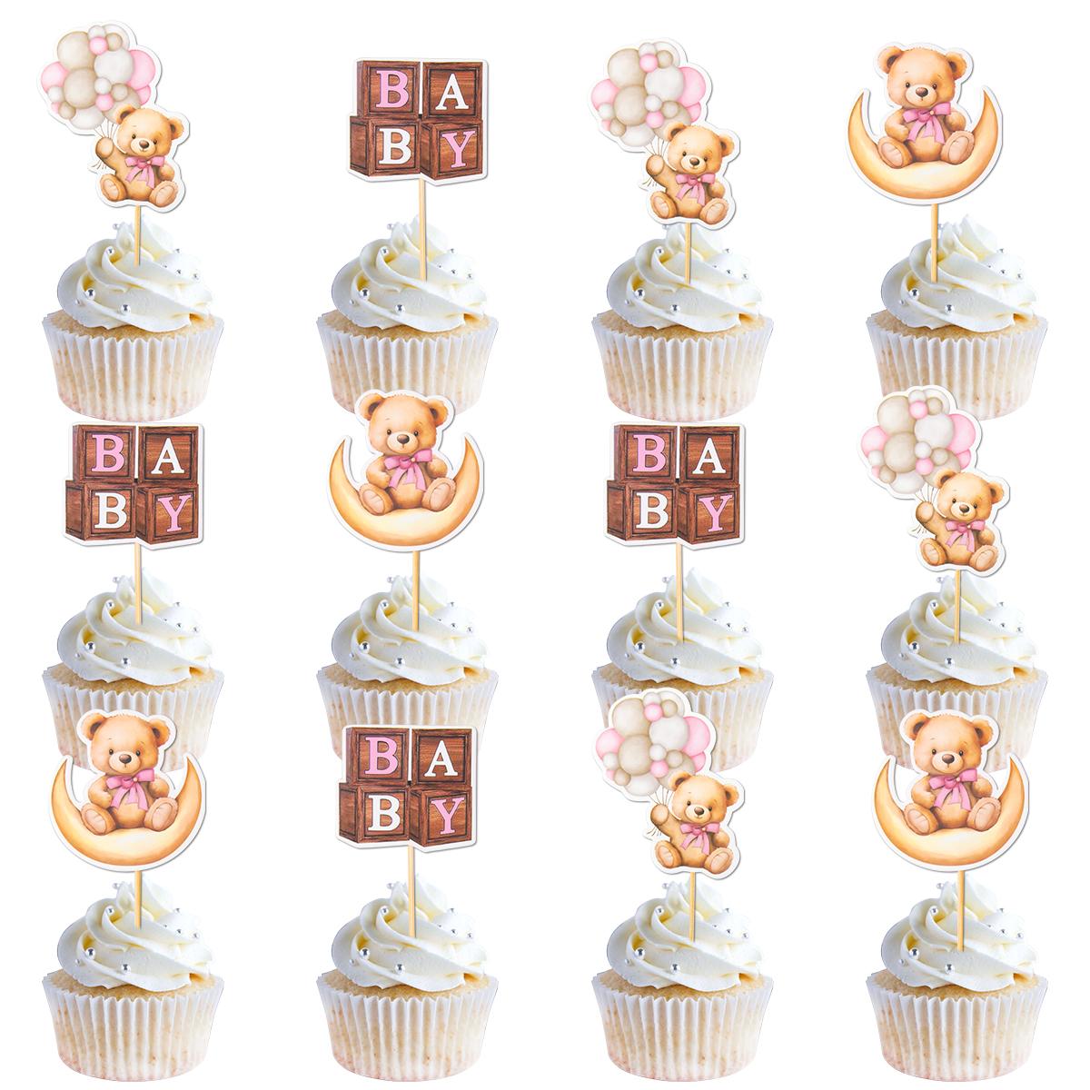 

12/24pcs Pink Blue Balloon Bear Cupcake Toppers Baby Shower Supplies Gender Reveal Decor Boy Girl Birthday Party Cake Decor