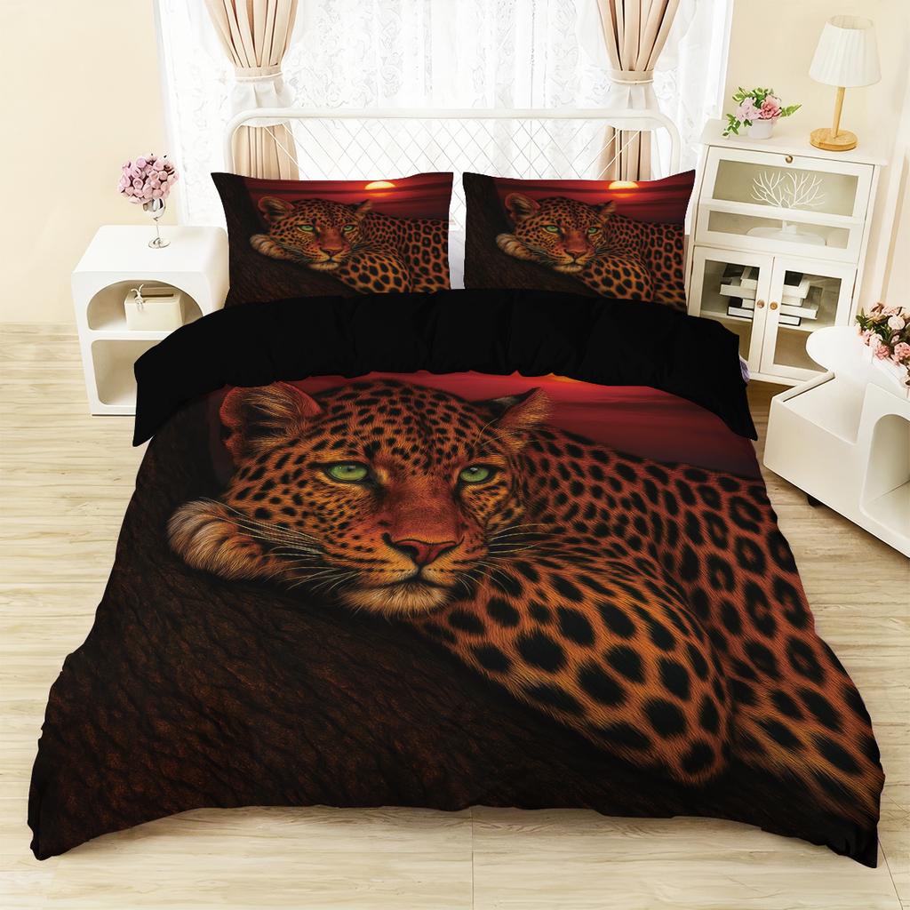 3dílná ložní souprava s potiskem vzoru leoparda při západu slunce, 1*povlak na přikrývku+2*povlak na polštář, pro ložnici teenagerů a dospělých