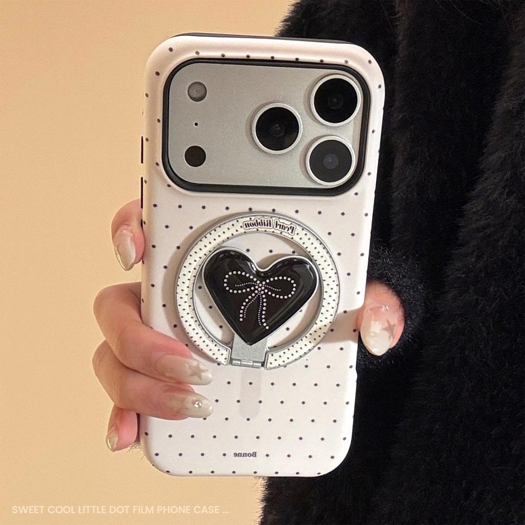 Korean Polka Dots Love Heart Bracket Magnetic Phone Case for iPhone 17 Air 16 15 14 13 12 mini 11 Pro Max Shockproof Hard Cover