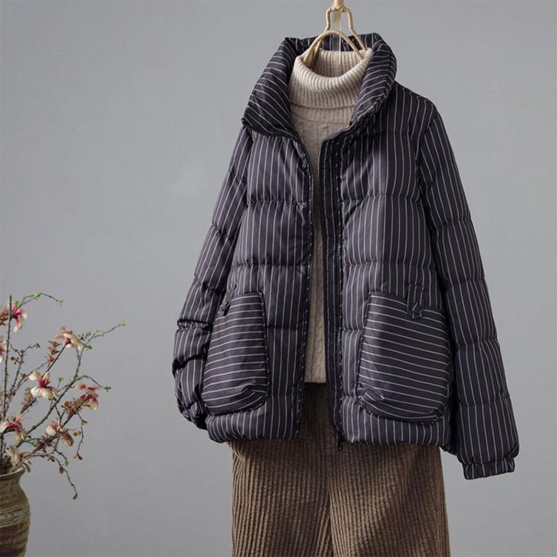 Retro striped down jacket women's 2024 winter literary thickened stand-up collar small white duck down bread jacket tide