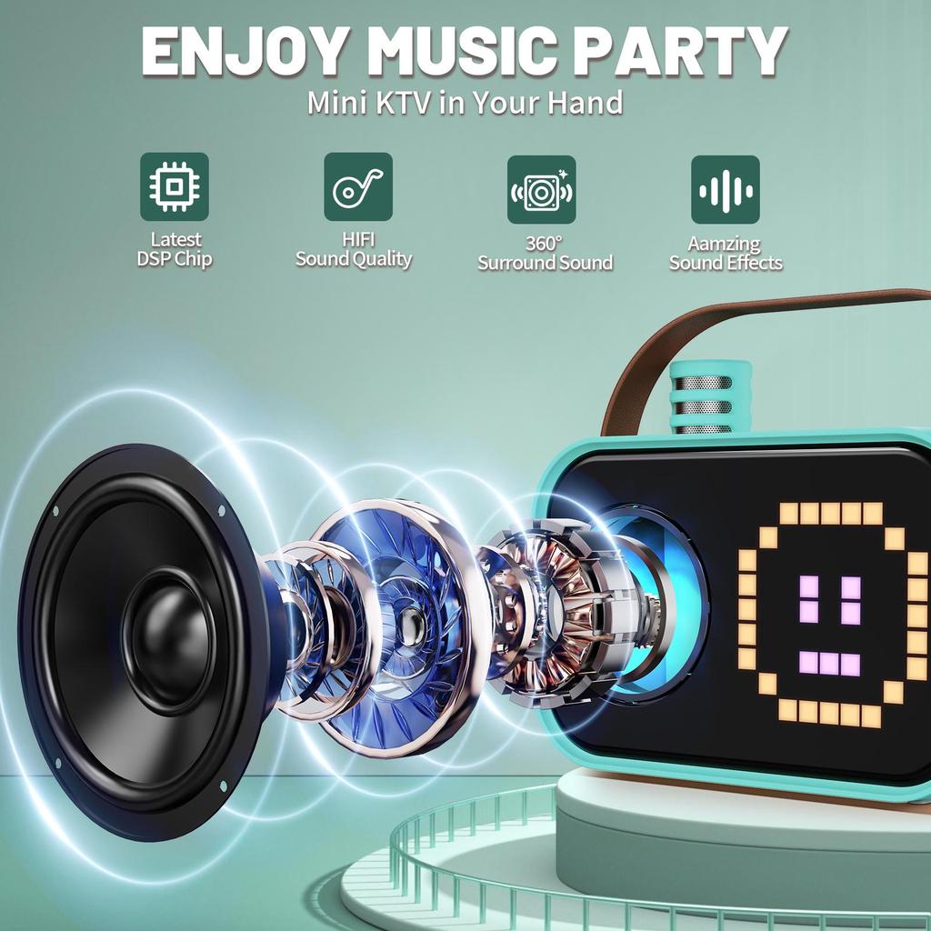 D58 Karaoke Machine for Children and Adults, Mini Portable Bluetooth Karaoke Speaker with 2 Wireless Microphones